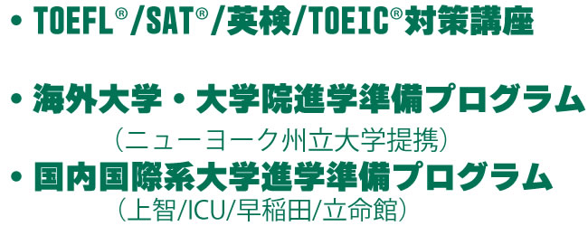 TOEFL SAT 英検 TOEIC対策講座、海外留学・大学院進学準備プログラム、国内国際系大学進学プログラム